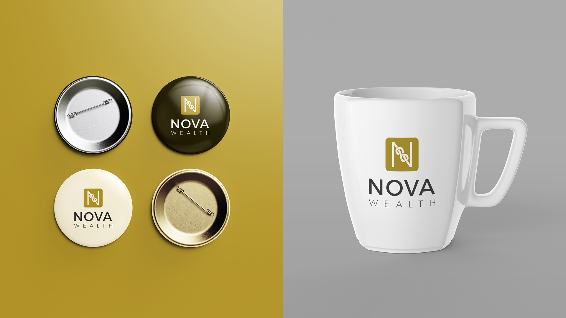 Nova Wealth – Pin Badges & Mug